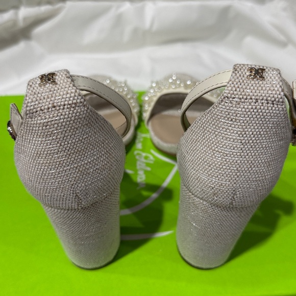 NEW Sam Edelman Sz 8Yaro Perla Open Toe Silk Tweed 4” Dazzling Heels Tan - Picture 11 of 13